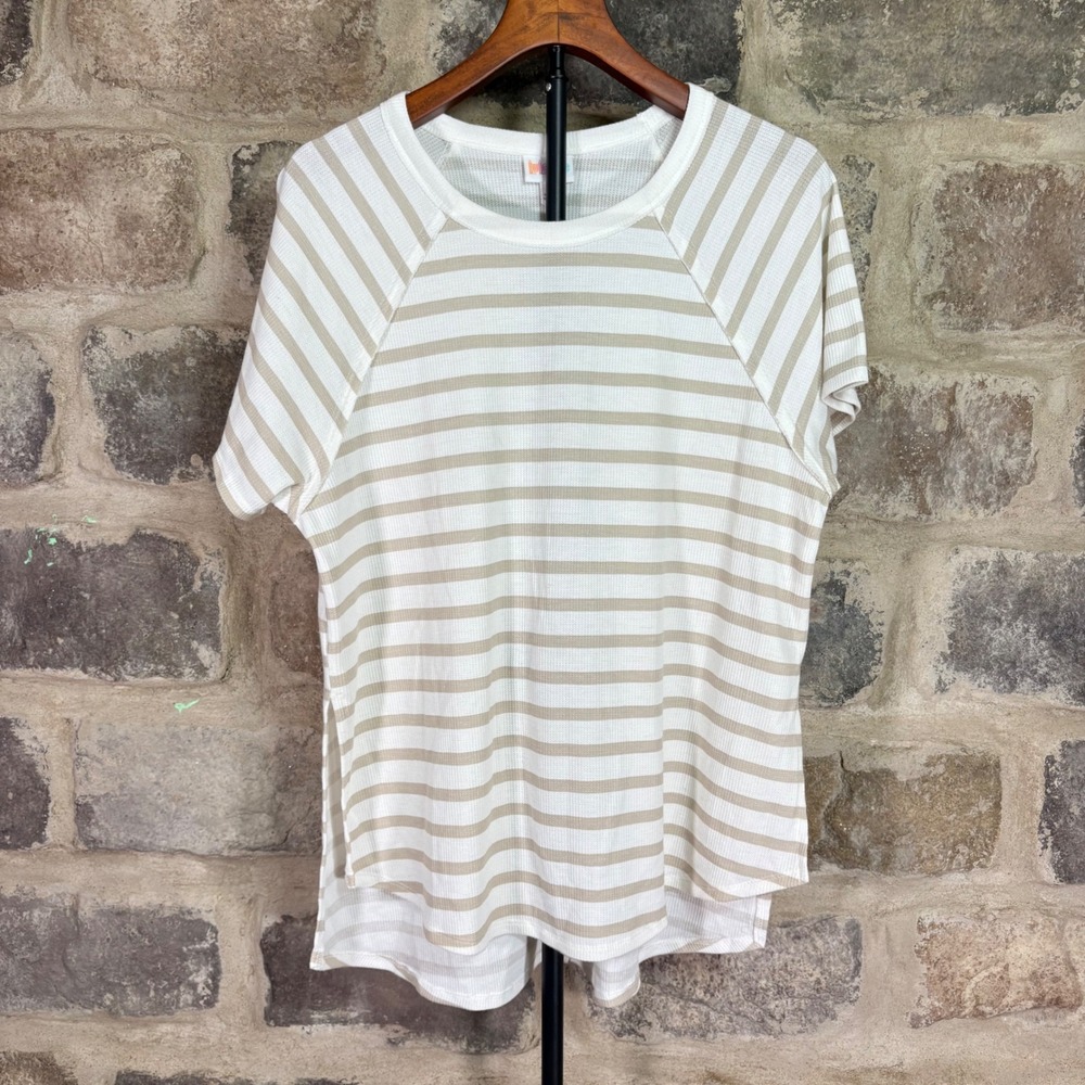 Lularoe Top Woman's Medium Striped White & Tan Waffle Knit Neutral Coastal
